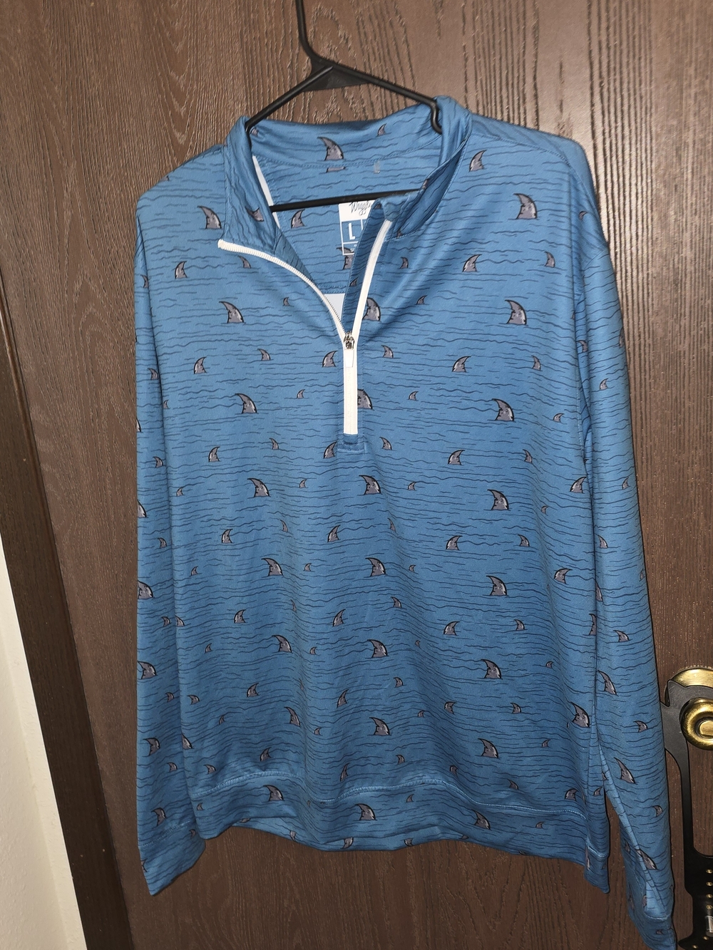 Waggle Men's Blue Shark Graphic 1/4 Zip Mock Neck Golf Pullover L